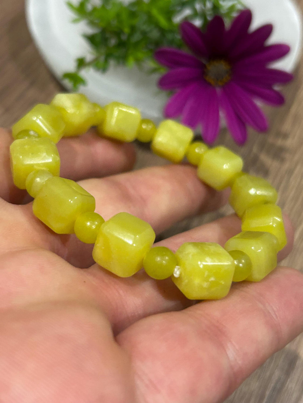 Serpentina , Jade Limón , Pulsera a Medida , Perla Redonda de 6 mm + Cuadrado de 10 mm / - Serenidad – Equilibrio – Renovación