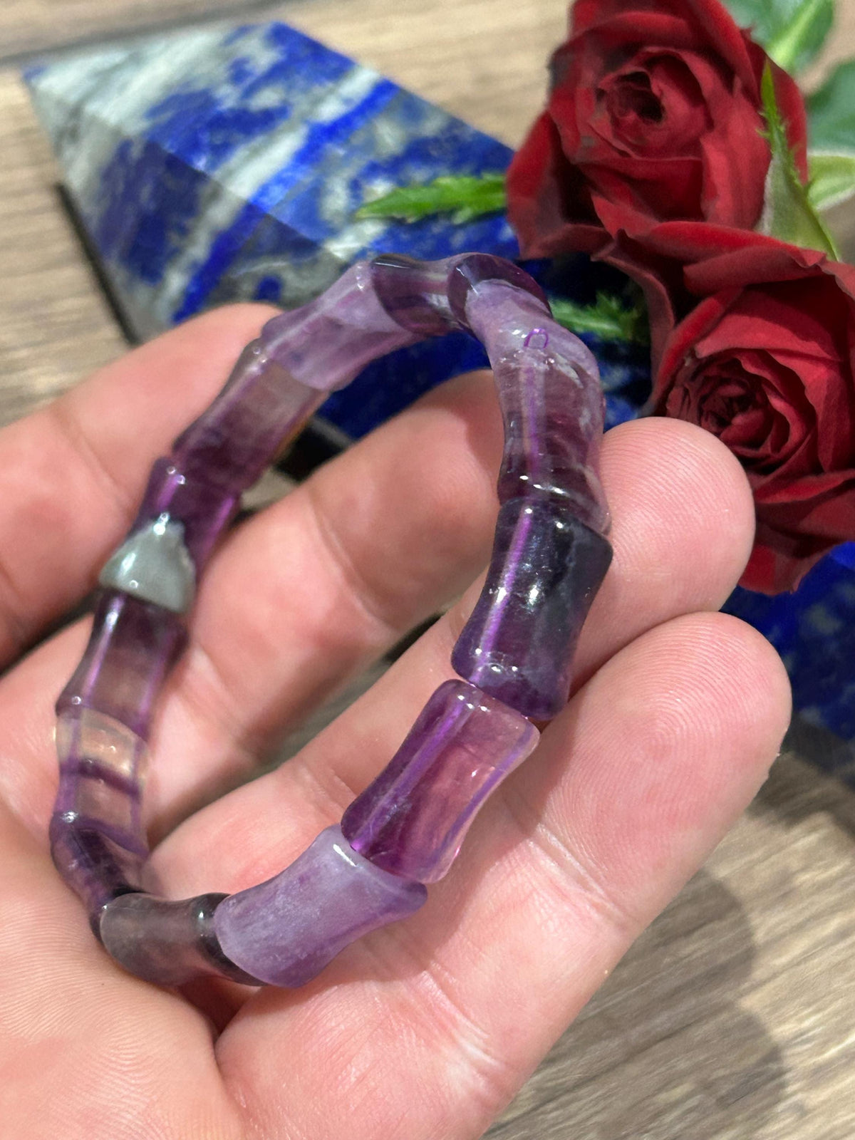 Fluorite Violeta , Pulseira em conta de Forma de Elos de Peixe , Comprimento 17 / 17.5 Cm