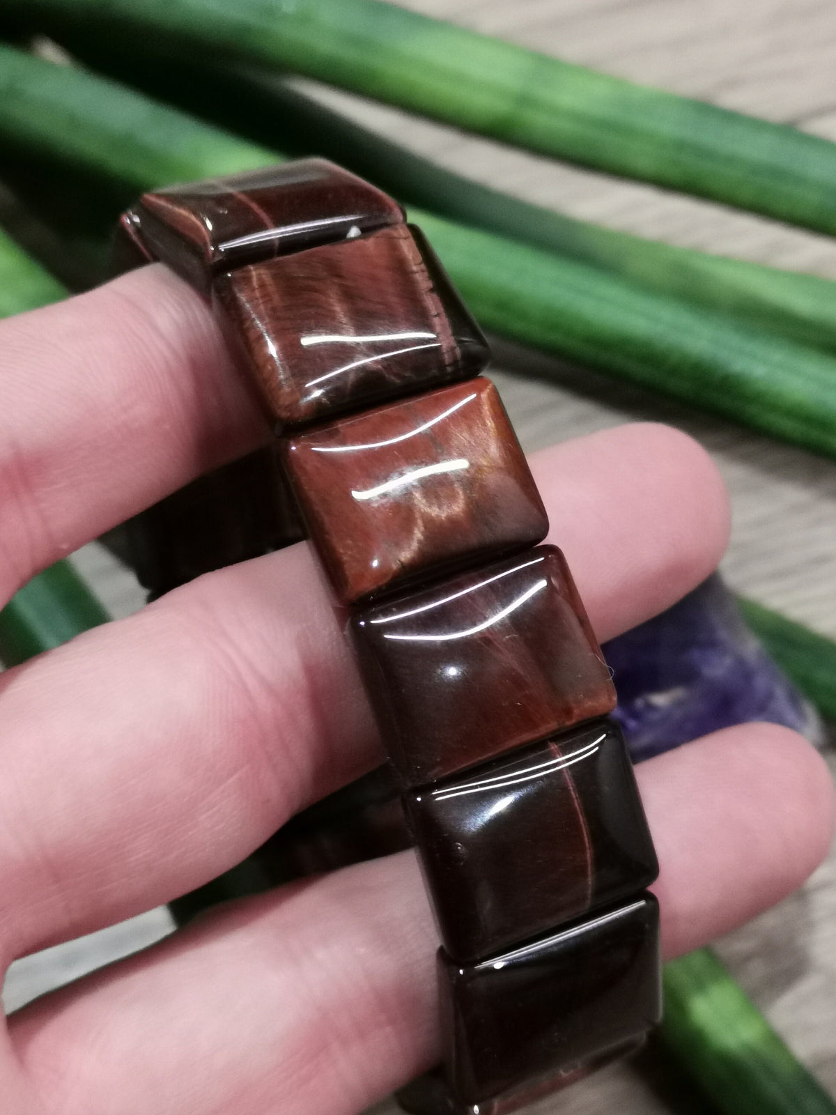 Rode ootstier, natuursteen armband Grote rechthoekige kralen 20 /15 mm