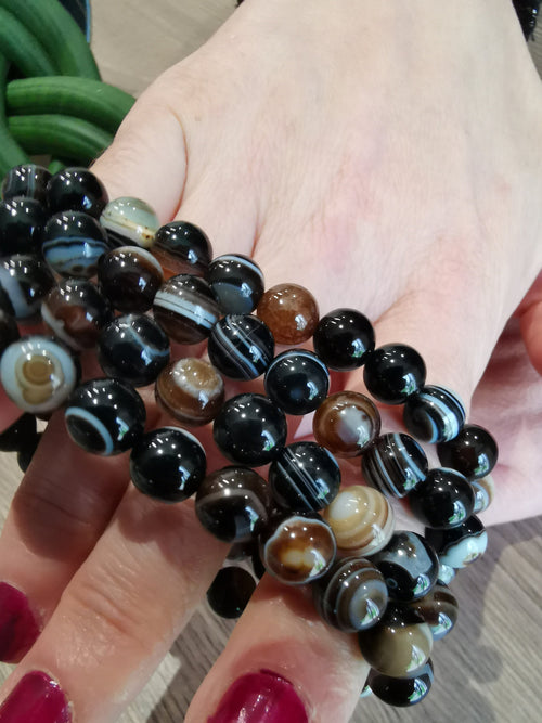 Zwarte geaderde agaat, op maat gemaakte armband, ronde kralen van 8 mm