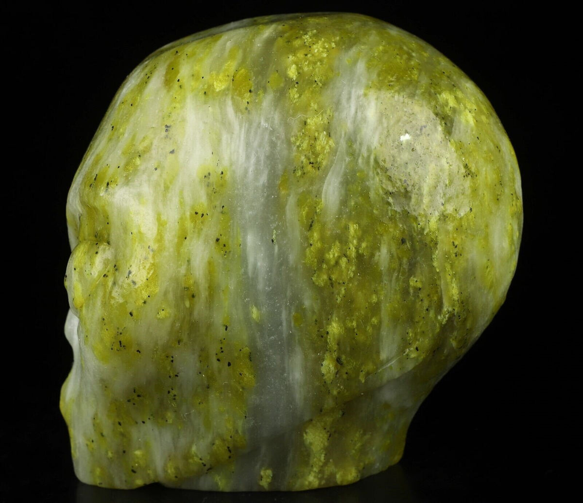 Crâne alien Roswell en serpentine d’Italie · Pierre naturelle XL