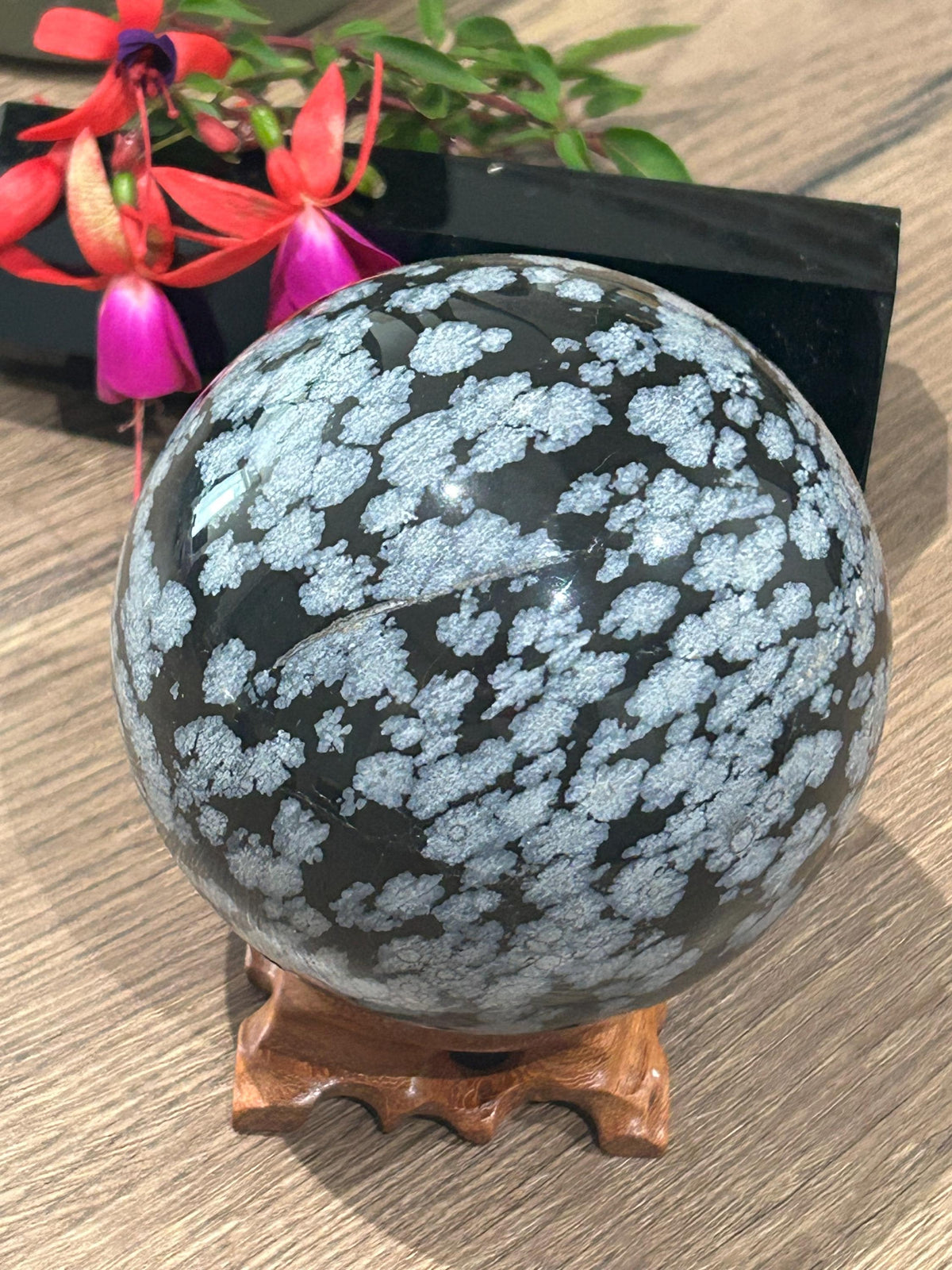 Obsidiana COPOS DE NIEVE , Esfera XL de colección , Diámetros 99 Mm / Litoterapia / Feng shui