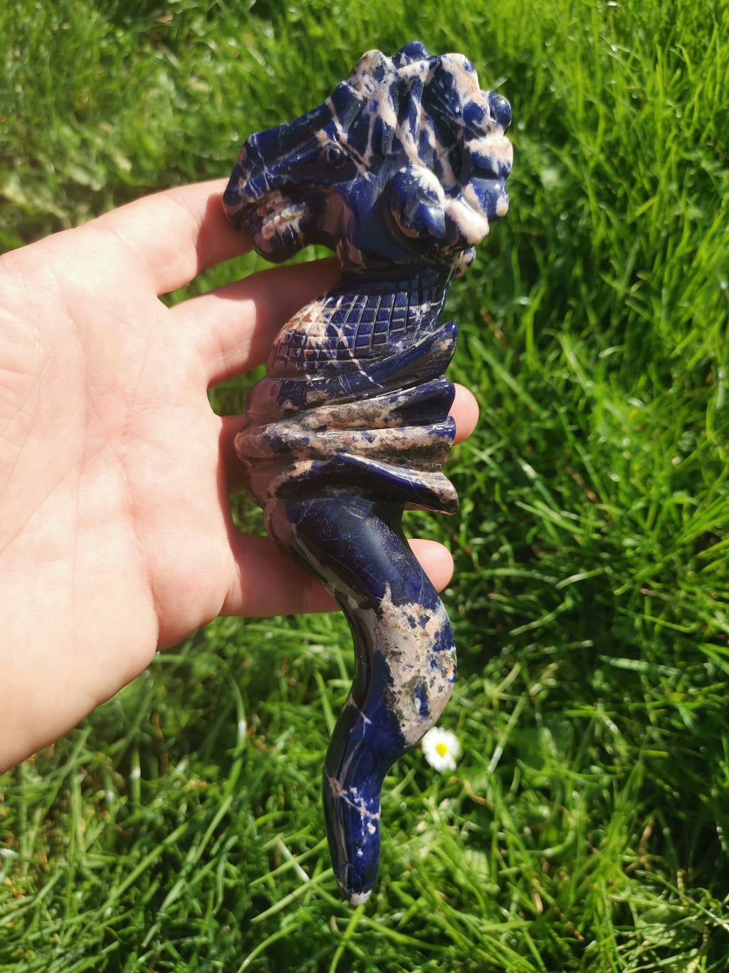 Dague en sodalite naturelle, lame sinueuse et tête de bouc, 20 cm