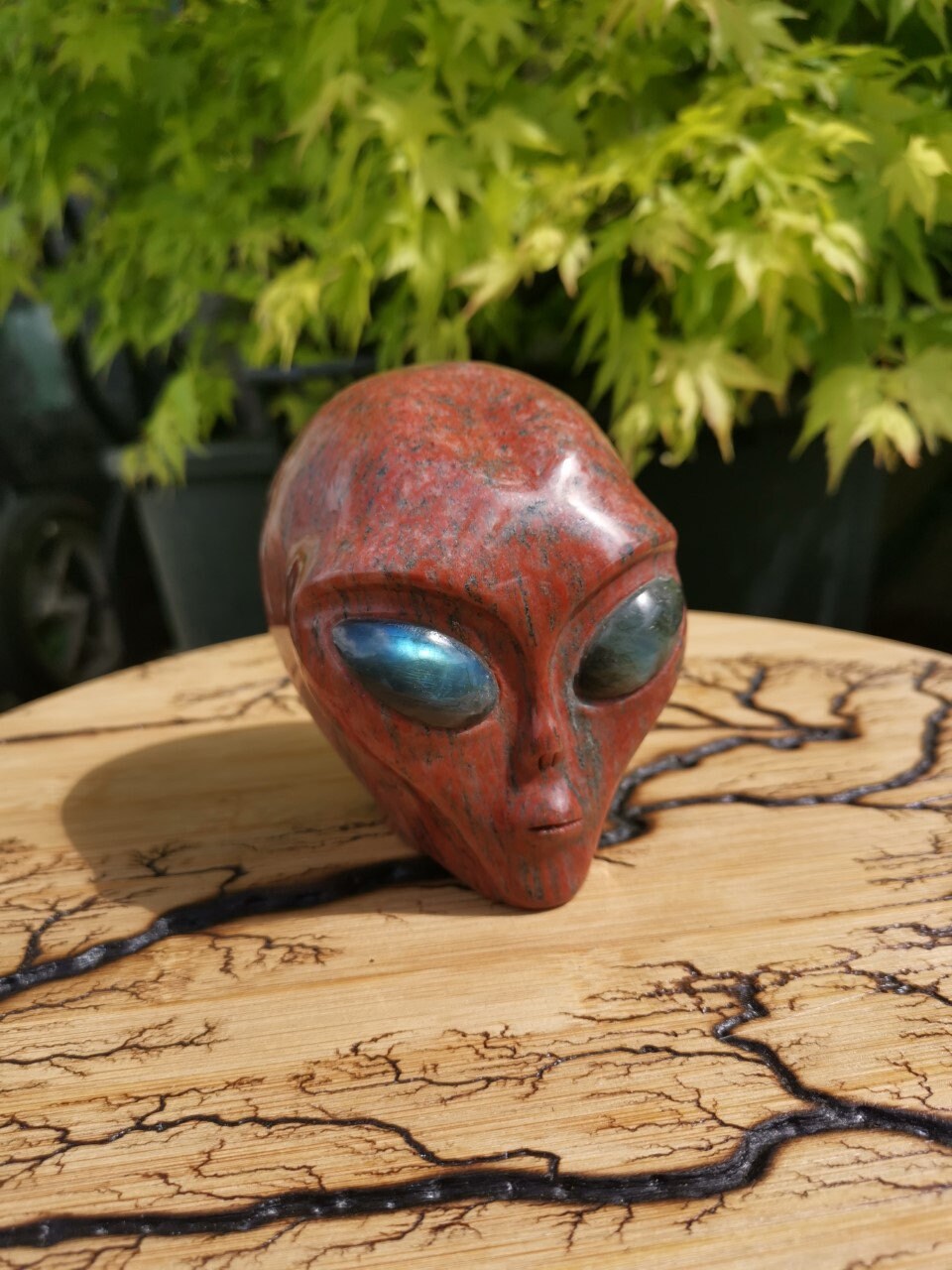 Crânio alienígena de Roswell em granito vermelho e labradorite · Pedra natural XL