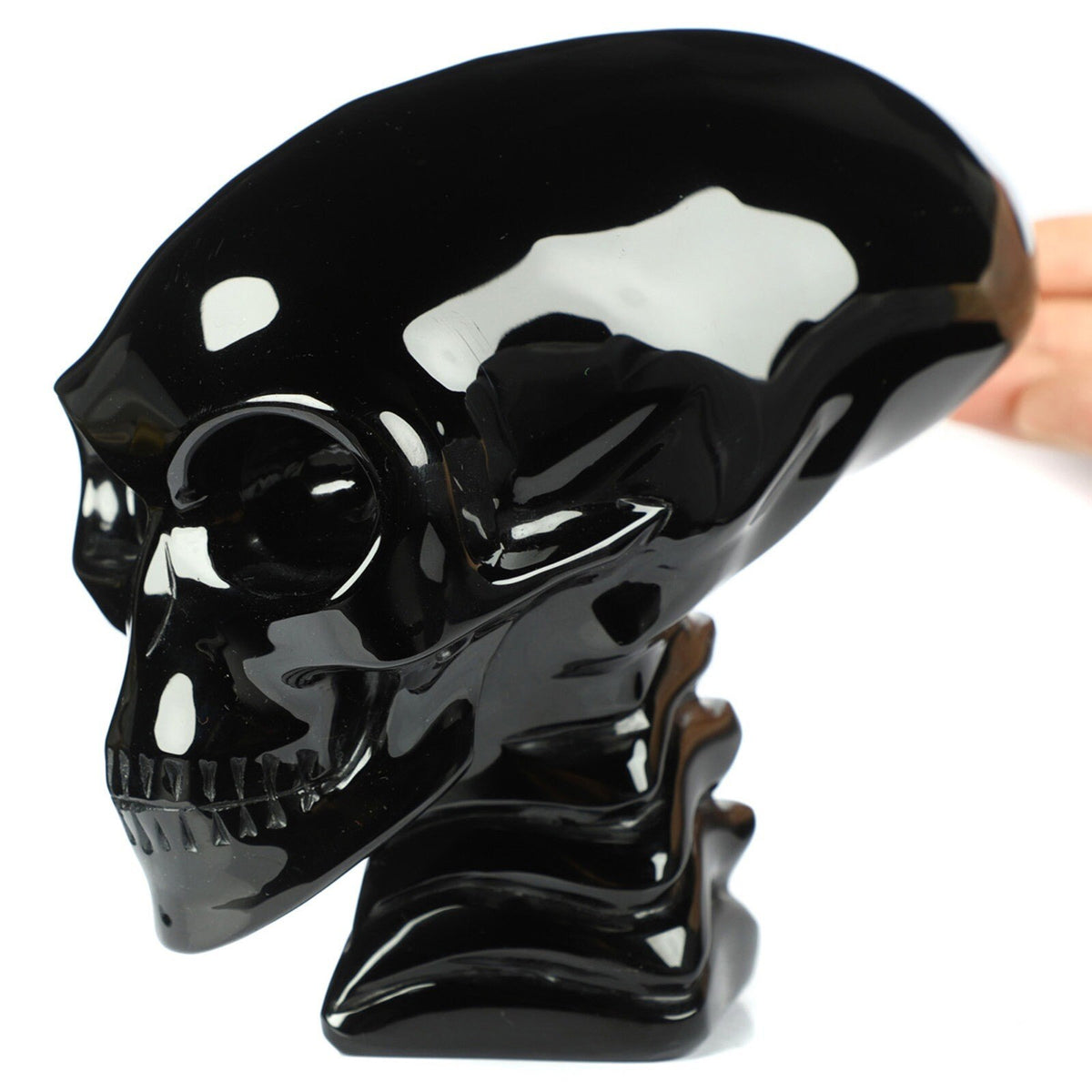 Obsidian SCHWARZ ,6,5 Zoll Skulptur Alien-Schädel Liegend / Maya-Reiseschädel / Lithotherapie / Schädel ; Cranio , Schädel Kristallschädel