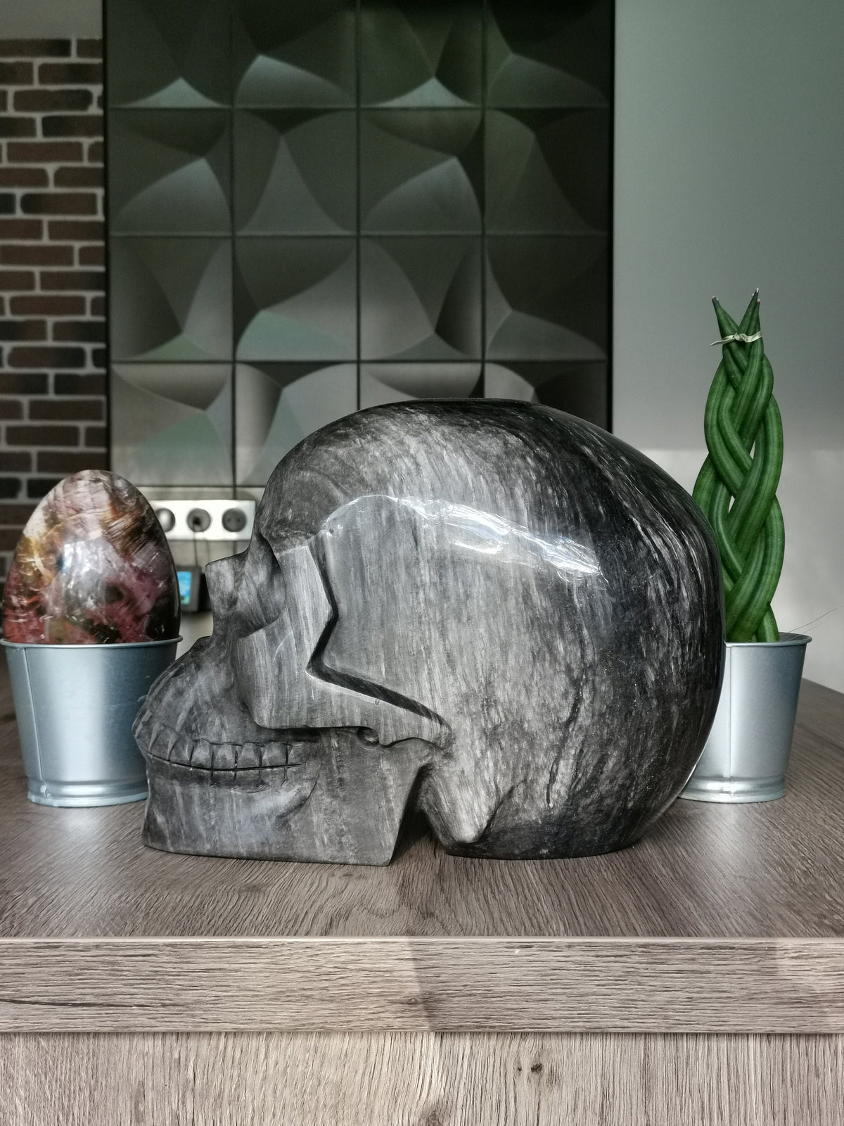 Sculpture Crâne Maitre + 19 KG -> Obsidienne Argentée / Vanité XXL Colosse / Titan
