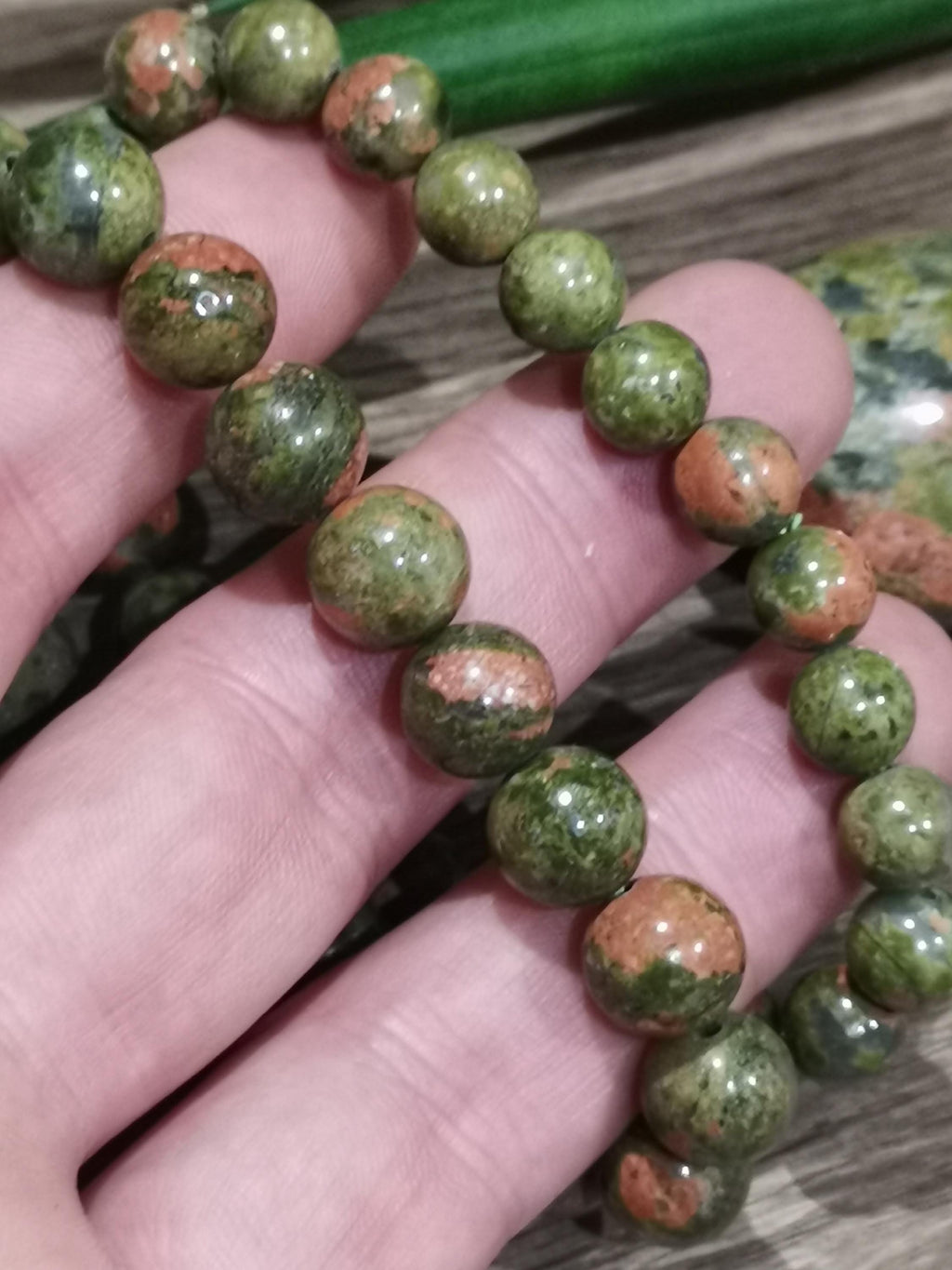 Pulsera de unakita natural de Estados Unidos – Cuentas de 8 o 10 mm – A medida