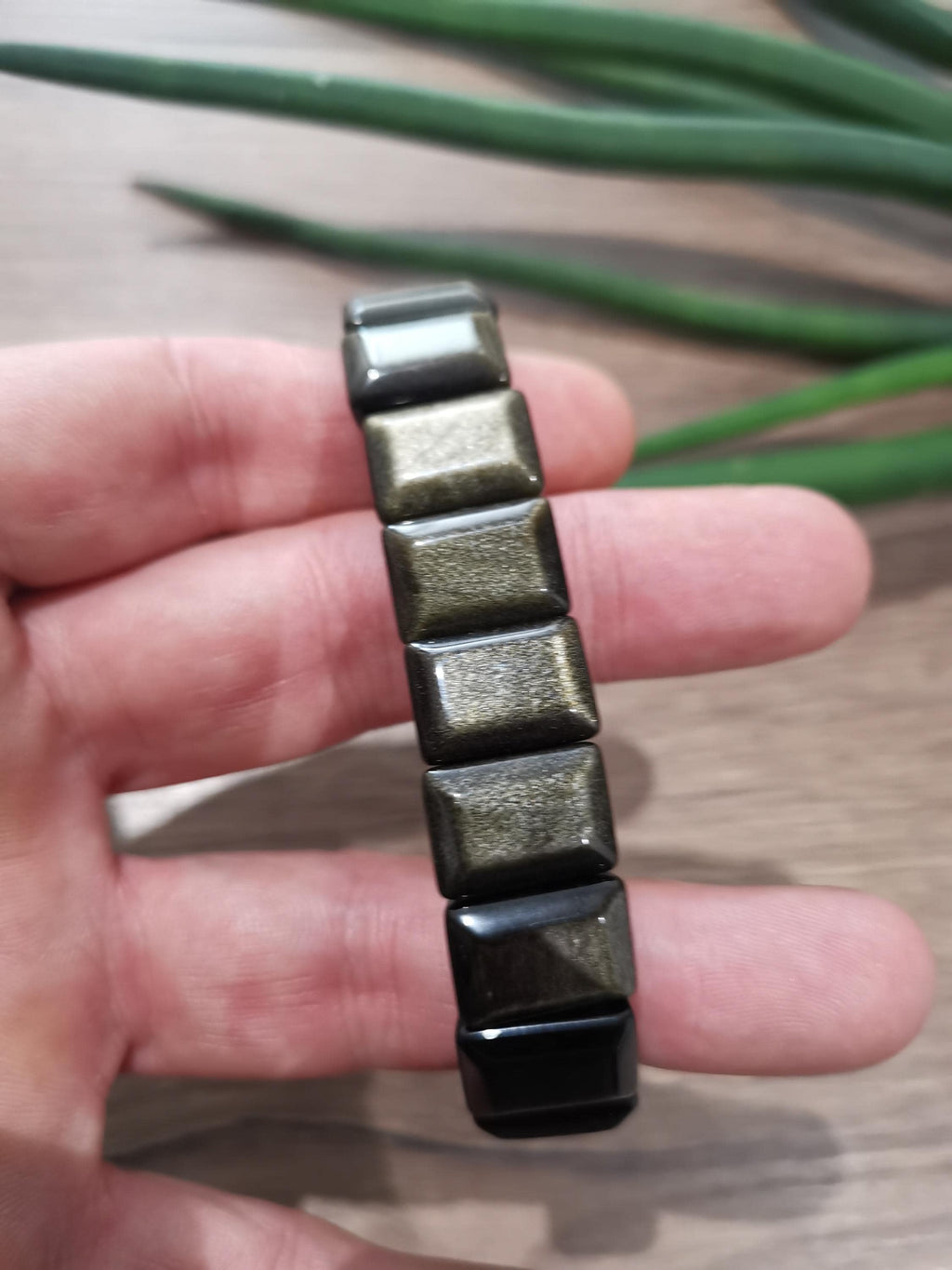 Bracelet en Obsidienne Dorée -> Perle Forme Lingotin de 15 / 11 mm , Circonférence intérieur 17 CM