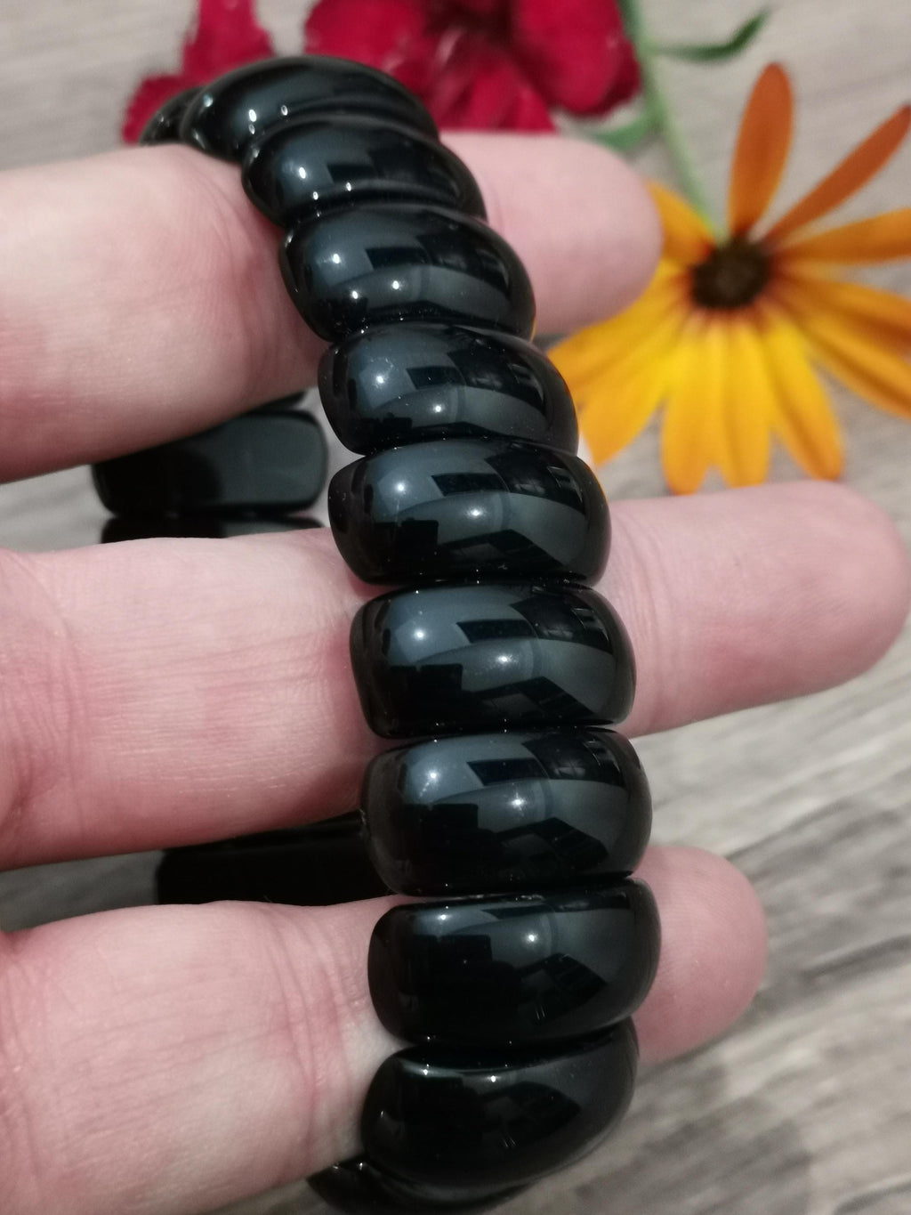 Ossidiana Nera,  bracciale Su Misura -> Perla a mezzaluna larga 22 x 11 mm, Realizzazione lunghezza su misura