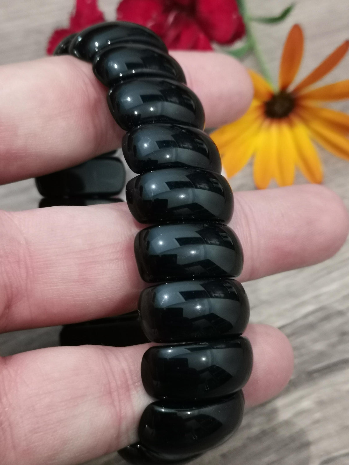 Ossidiana Nera,  bracciale Su Misura -> Perla a mezzaluna larga 22 x 11 mm, Realizzazione lunghezza su misura