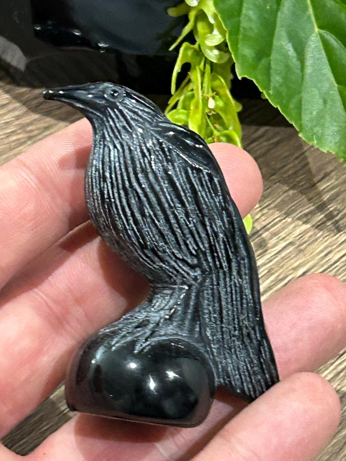 Vogelsculptuur 70 Gr , Raaf van Gepolijst Zwart Obsidiaan , Natuurlijke Vulkanische Steen