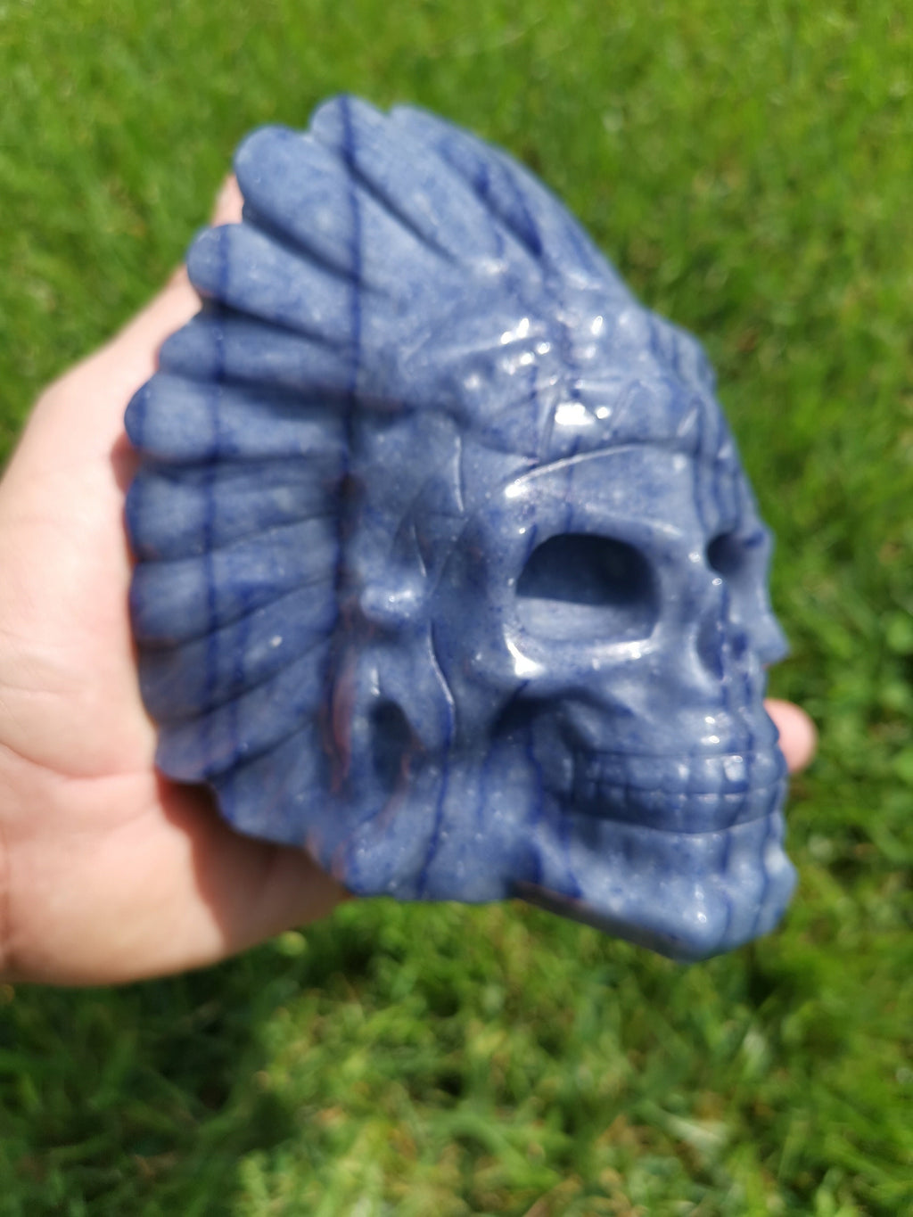 Inheems Amerikaans hoofd van blauwe avonturijn, 1,5 kg, standbeeld, sculptuur van natuursteen, Crystal Skull
