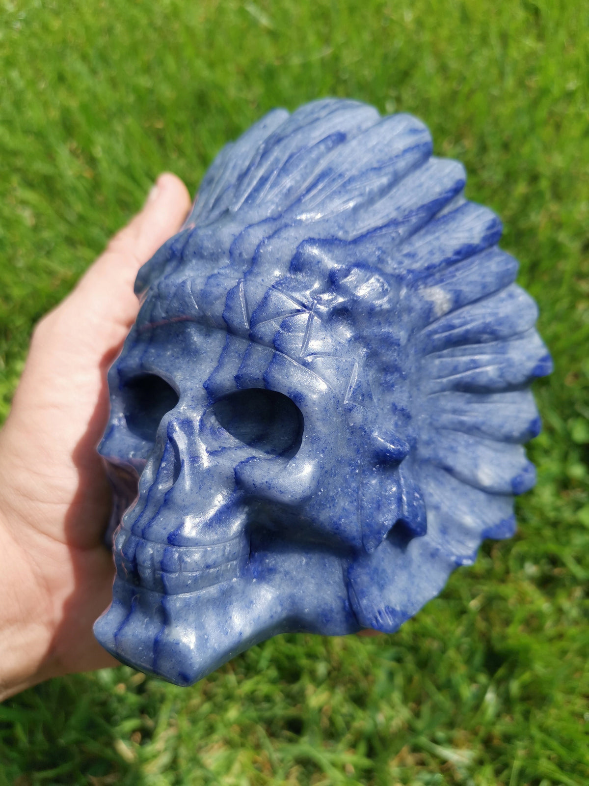 Tête indien en Aventurine Bleu 1,5 kg statue , sculpture pierre naturelle Crystal Skull