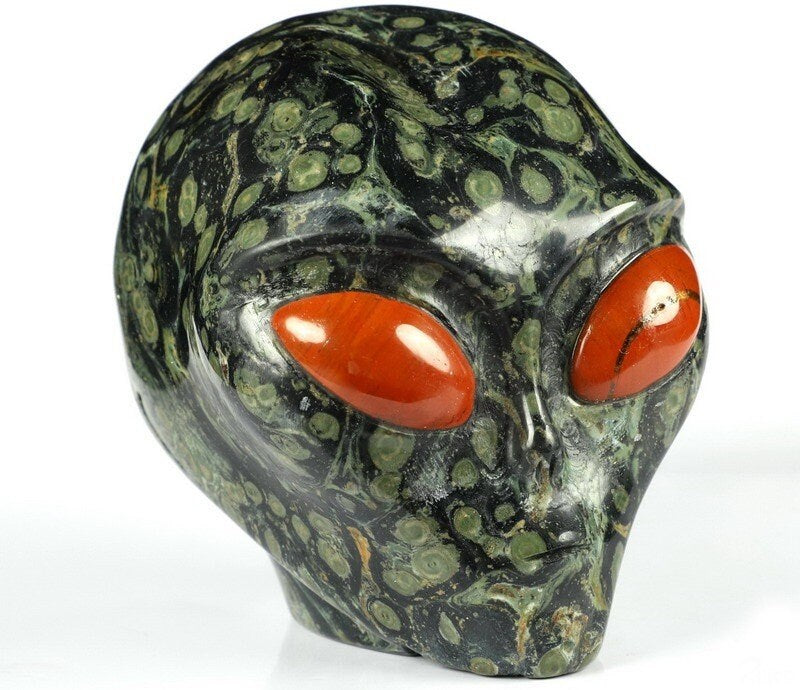 Crâne alien Roswell en jaspe kambaba et jaspe rouge · Pierre naturelle XL