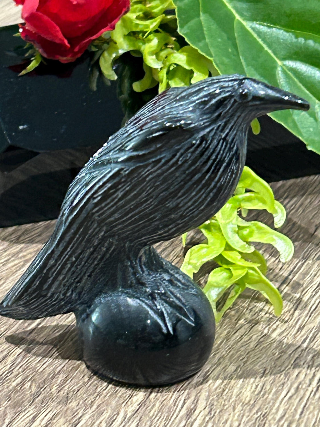 Vogelsculptuur 70 Gr , Raaf van Gepolijst Zwart Obsidiaan , Natuurlijke Vulkanische Steen