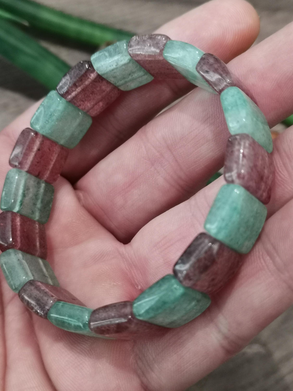 Aardbeientaartkwarts armband – Tweekleurige rechthoekige kralen
