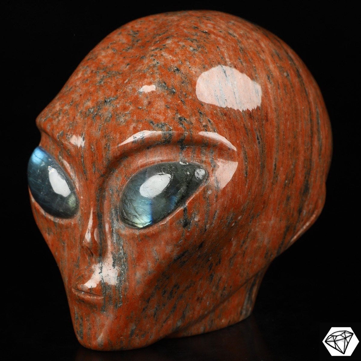 Crâne alien Roswell en granit rouge et labradorite · Pierre naturelle XL