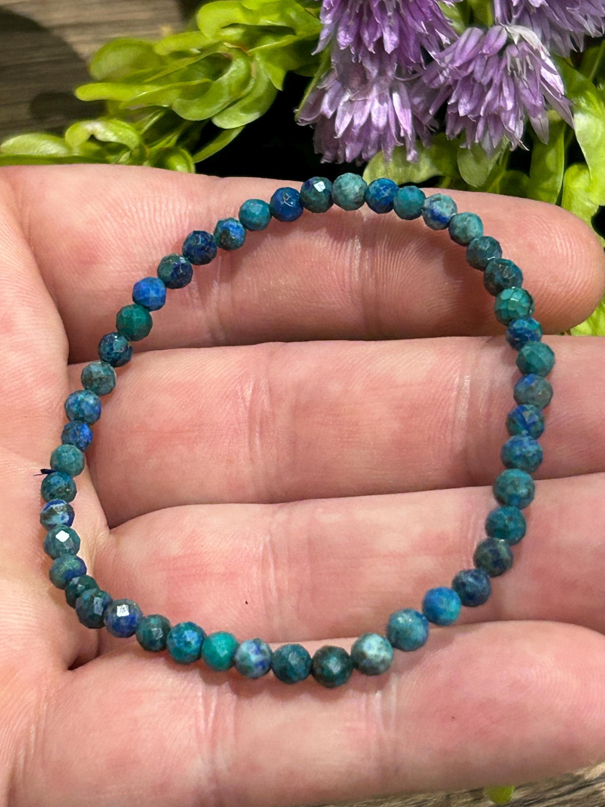 Crisocola Americana AA , Pulsera a medida a elegir , Perla redonda facetada de 4 mm / Piedra natural