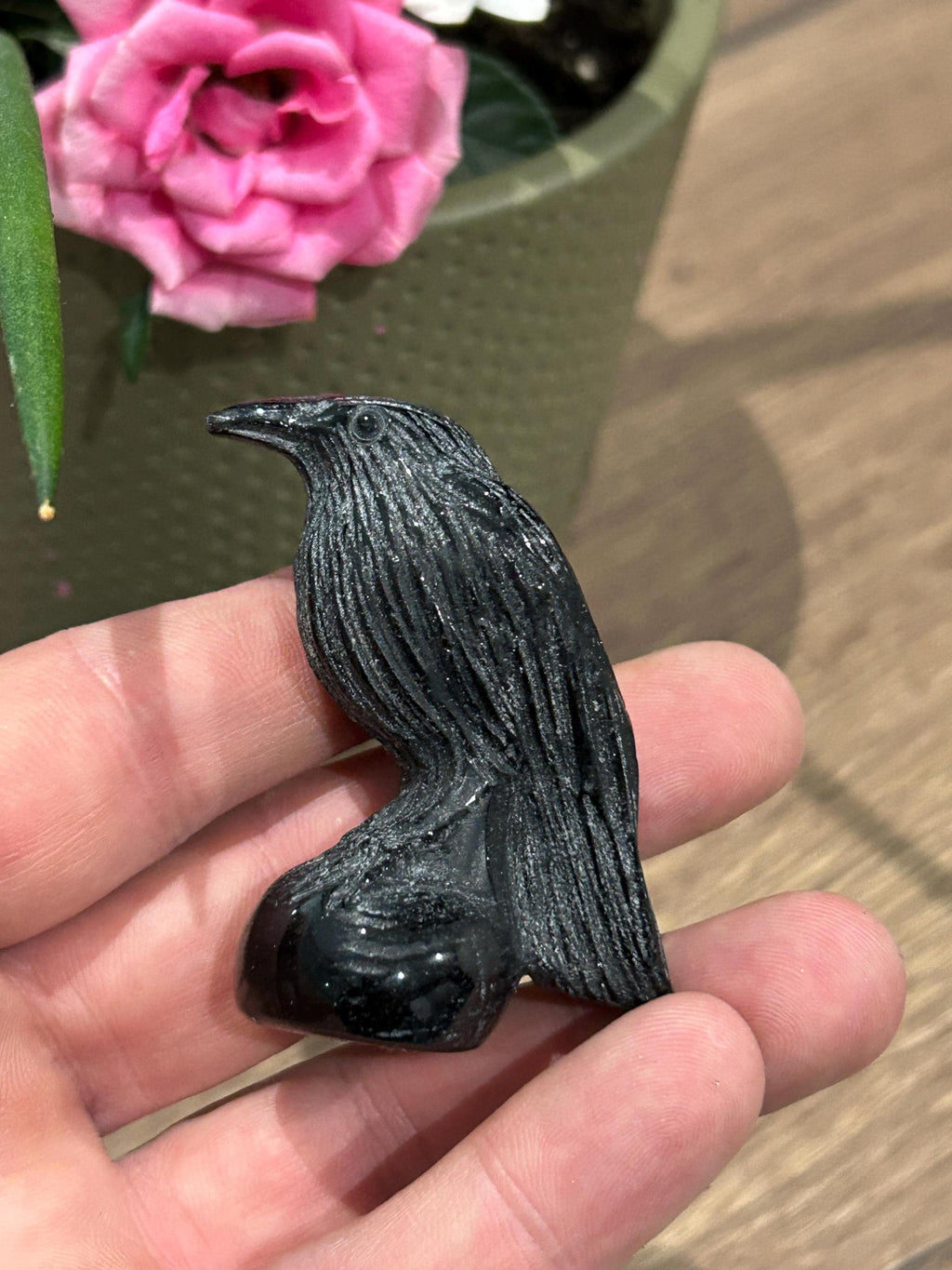 Vogel-Skulptur 52 g, Rabe aus poliertem schwarzem Obsidian, natürlicher Vulkanstein