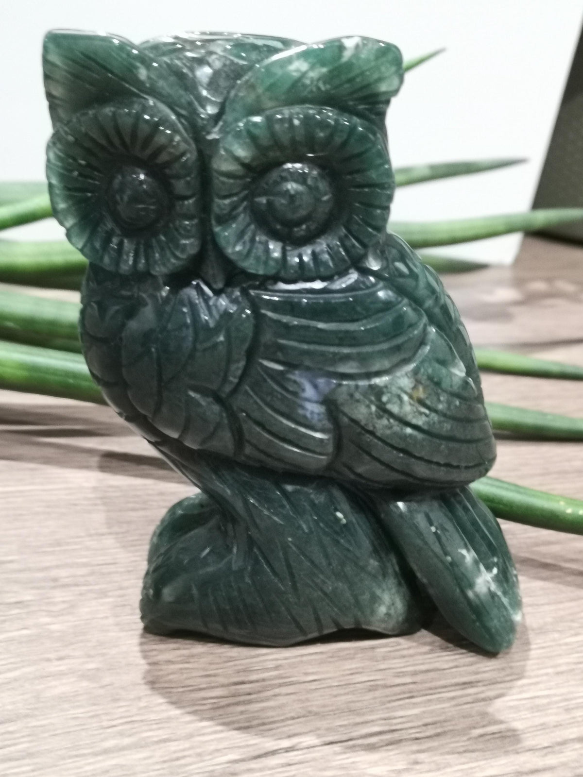 Owl Carved in Natural Stone, Moss Agate, Cut Mineral 646 Gr