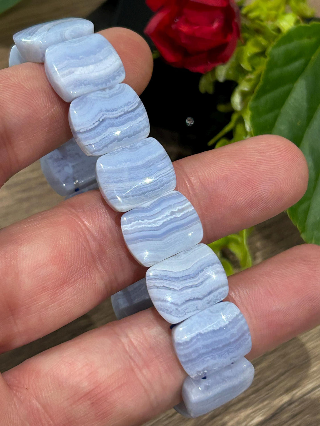 Ágata BLUE LACE , Pulseira com comprimento de 16,5 cm , Pérola em formato oval de 16/12 mm , Pedra natural dos EUA