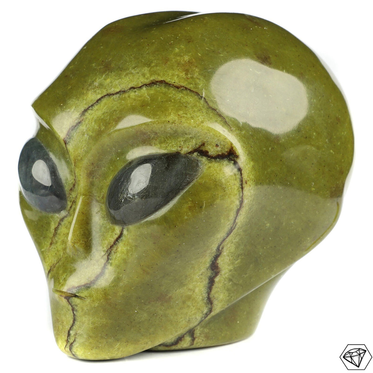Chrysoprasen-Stein Zitrone / Skulptur Kopf , Schädel außerirdischen Typs Roswell , geschnitzte Mineralien / Wunderkammer