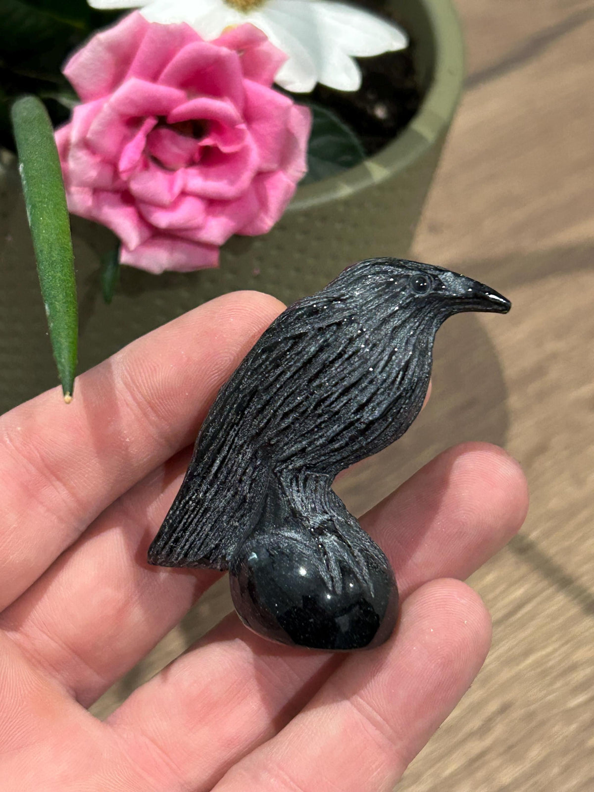 Scultura Uccello 52 Gr , Corvo in Ossidiana Nera Lucida , Pietra naturale Vulcanica
