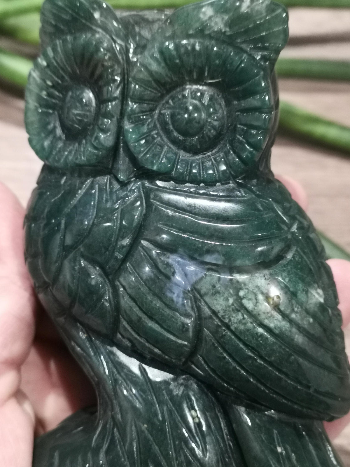 Owl Carved in Natural Stone, Moss Agate, Cut Mineral 646 Gr