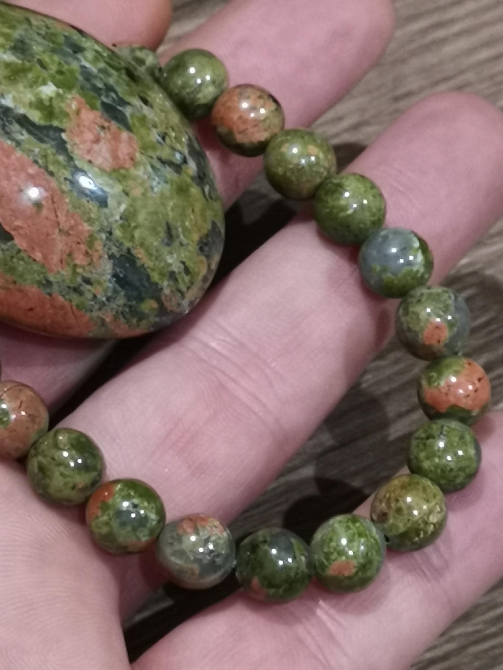 Pulsera de unakita natural de Estados Unidos – Cuentas de 8 o 10 mm – A medida