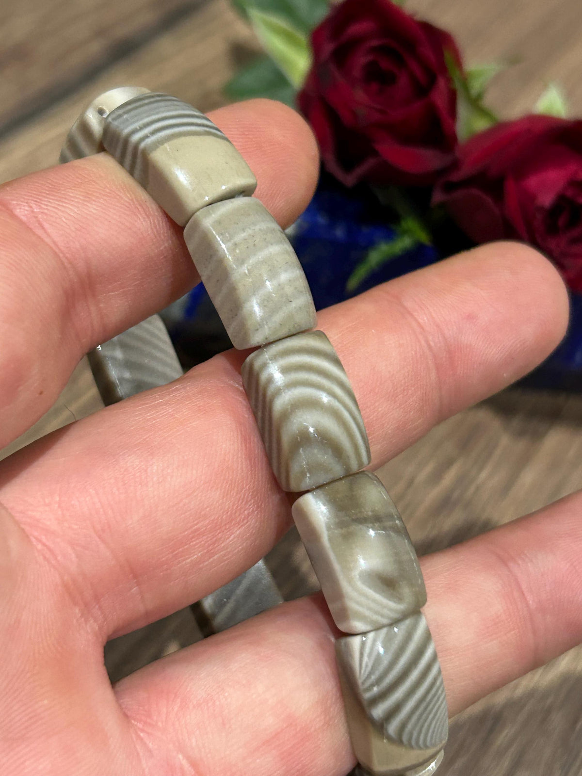 Agata Bandata Marrone, Bracciale con perla rettangolare , Lunghezza di 17 Cm