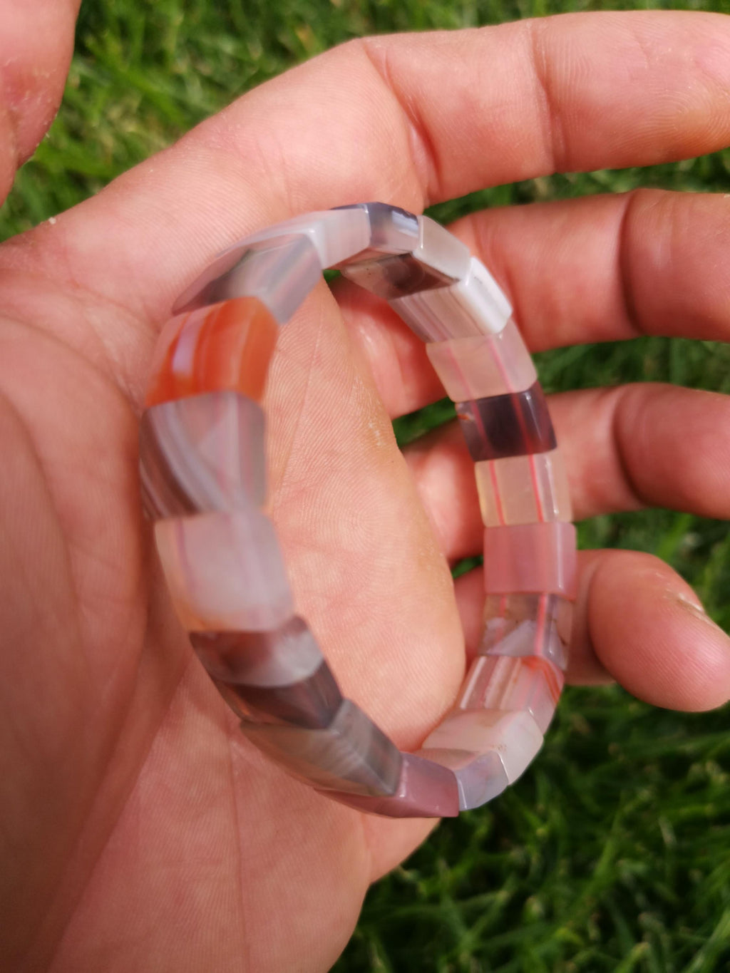 Agata del Mozambico, bracciale con perla rettangolare sfaccettata, regolabile / Gioielli