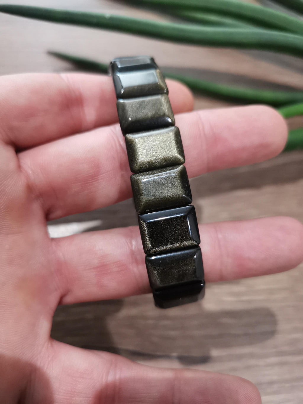 Bracelet en Obsidienne Dorée -> Perle Forme Lingotin de 15 / 11 mm , Circonférence intérieur 17 CM