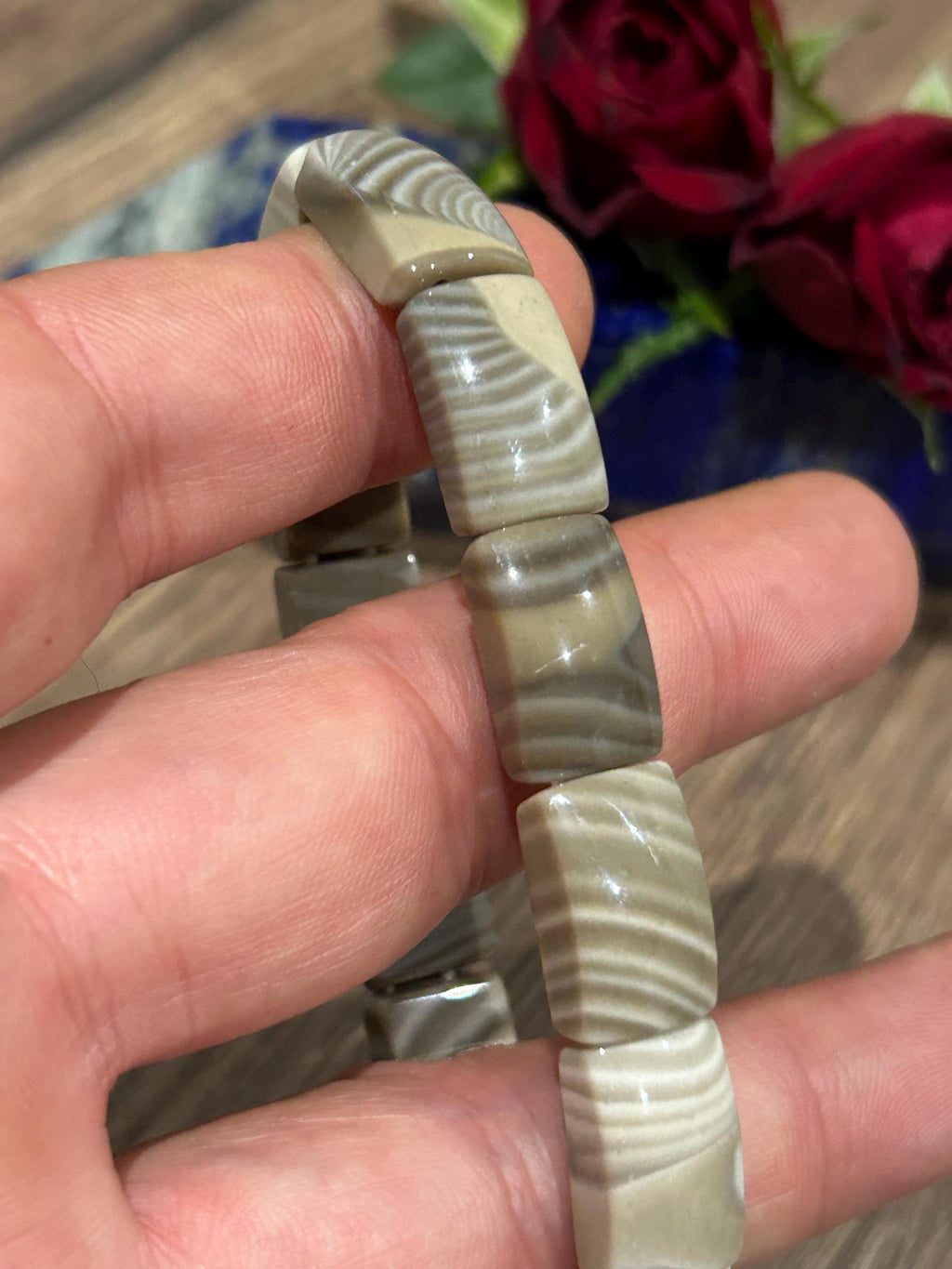 Agata Bandata Marrone, Bracciale con perla rettangolare , Lunghezza di 17 Cm