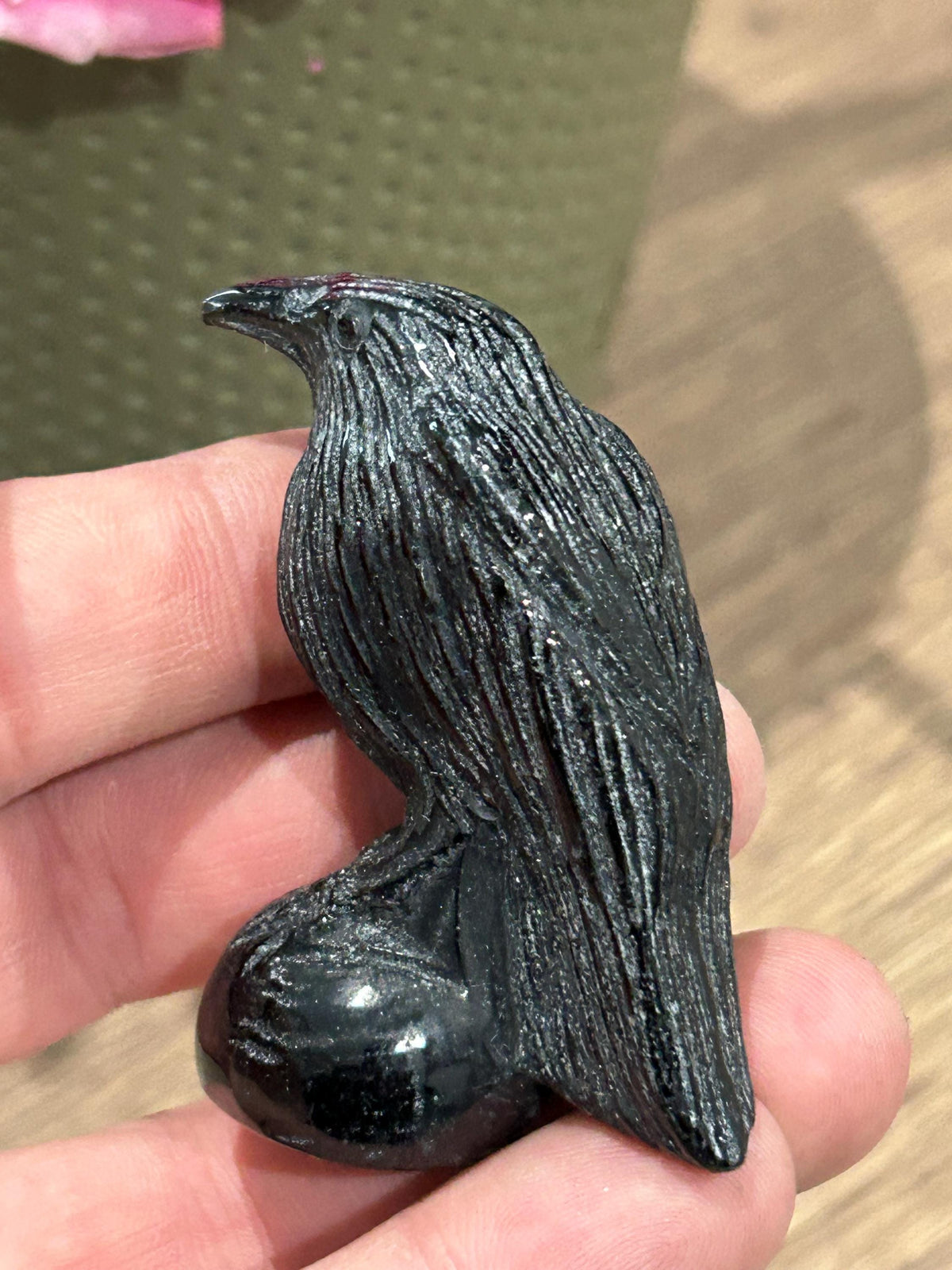 Vogel-Skulptur 52 g, Rabe aus poliertem schwarzem Obsidian, natürlicher Vulkanstein