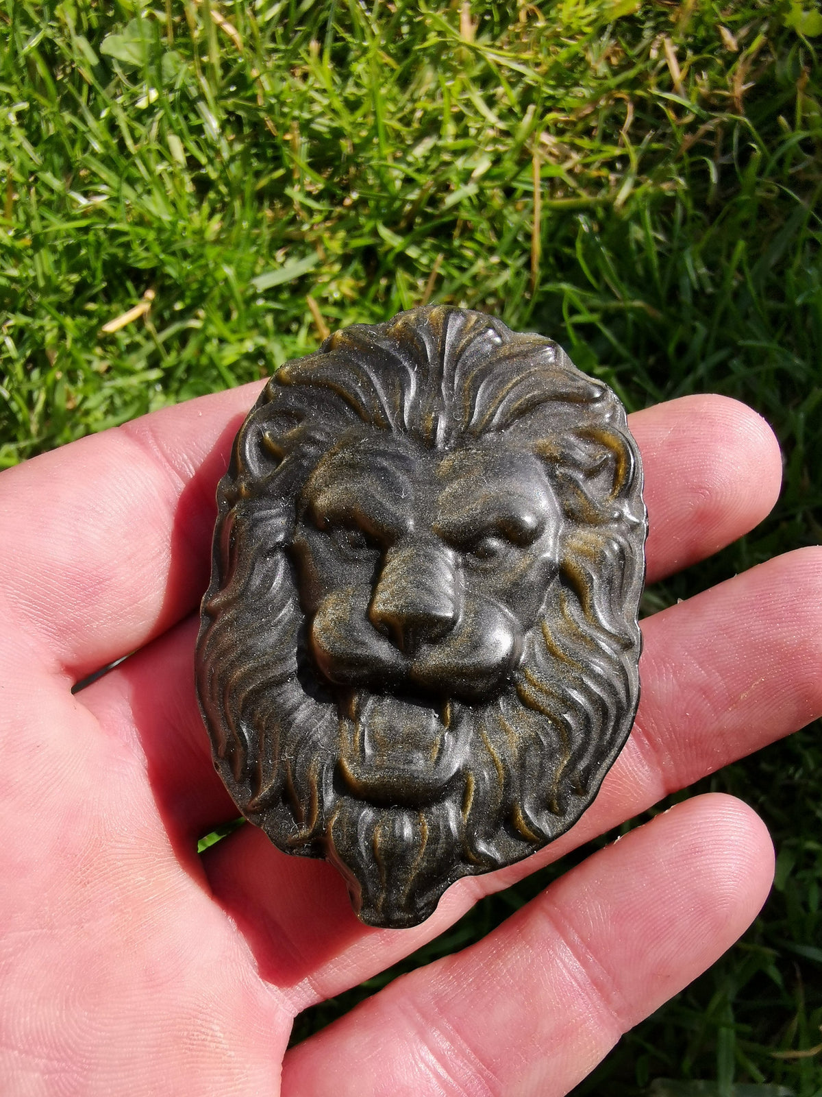 Cabeça de leão gravada – Obsidiana dourada, prateada ou olho de tigre / Pedra natural