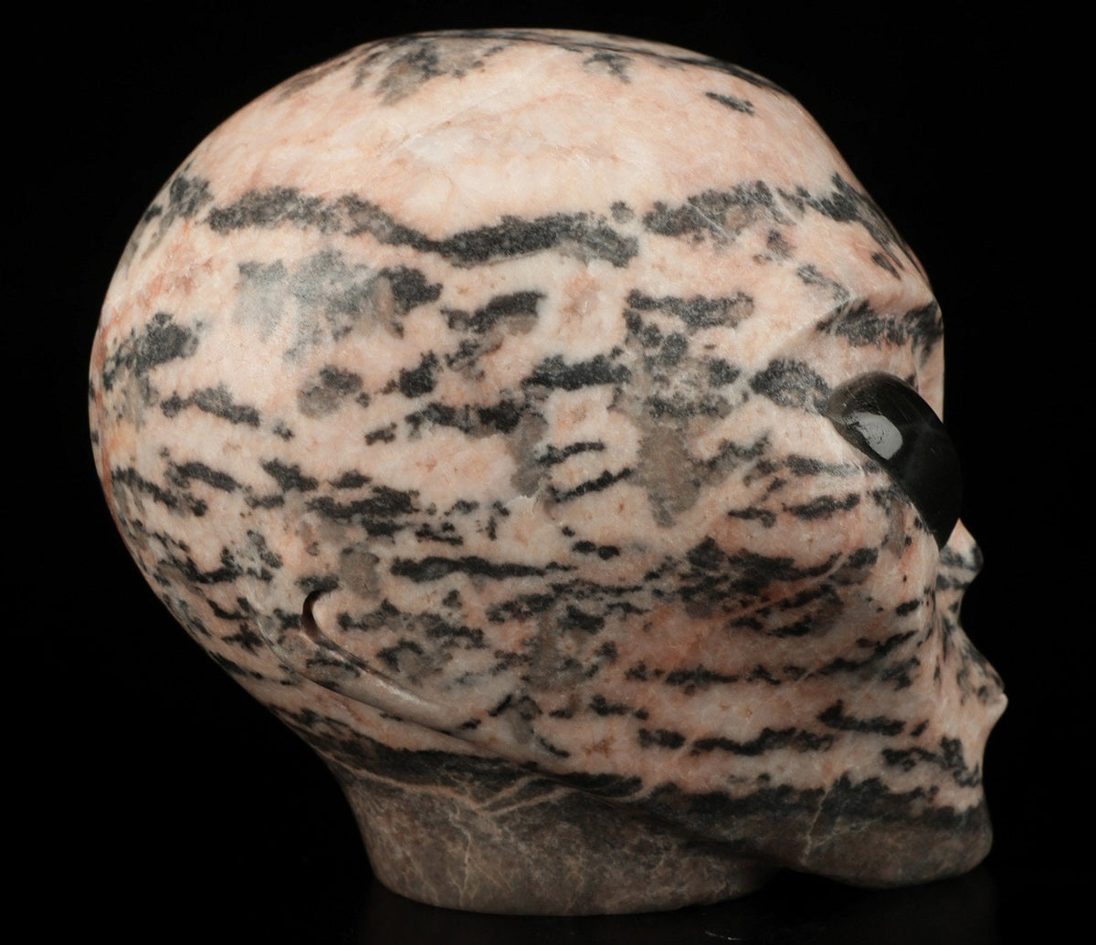 Crâne alien Roswell « Pink Tiger » en pierre rose veinée de gris et labradorite · XL