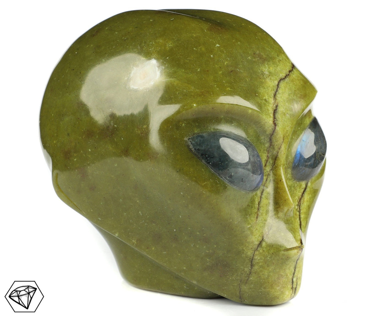 Chrysoprasen-Stein Zitrone / Skulptur Kopf , Schädel außerirdischen Typs Roswell , geschnitzte Mineralien / Wunderkammer
