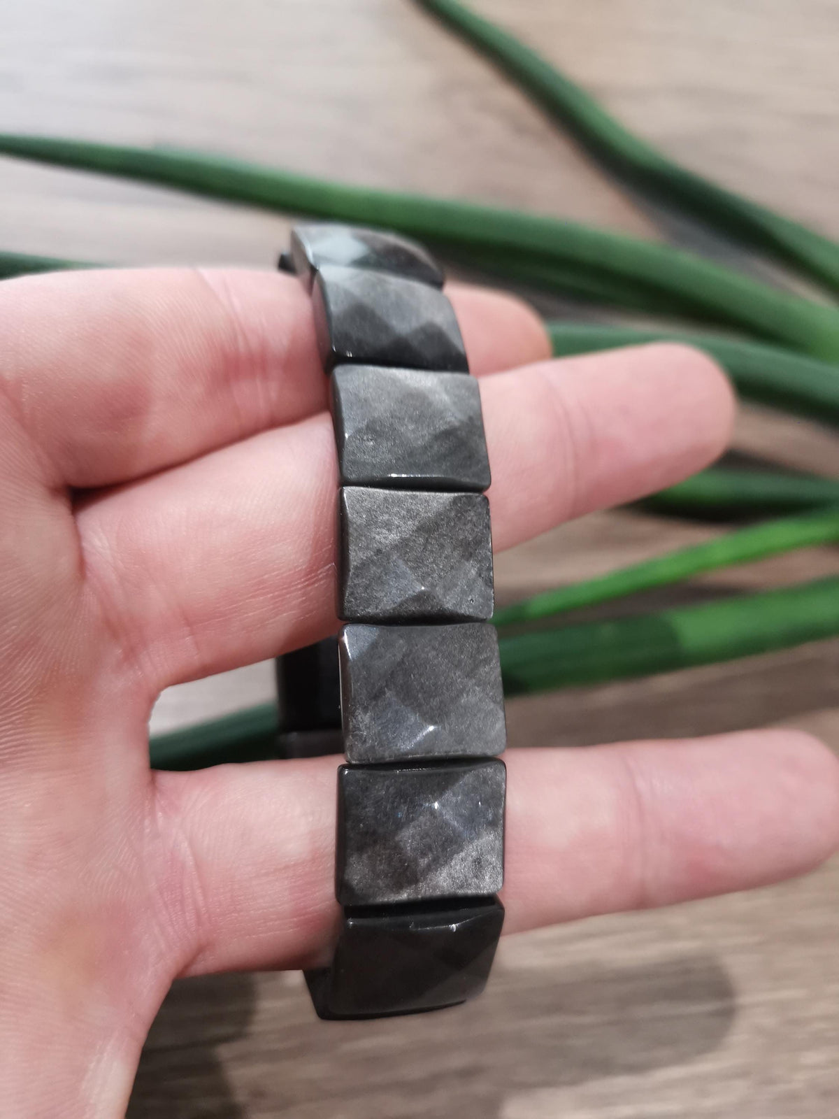 Black Obsidian with Silver Reflection, Large 16 x 13 mm Rectangular Bead, Premium Quality / Flexible Bangle Bracelet