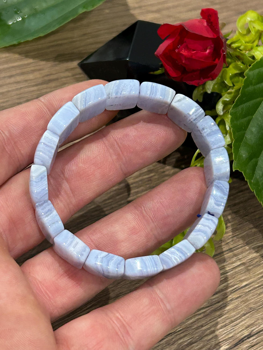 Ágata BLUE LACE , Pulseira com comprimento de 16,5 cm , Pérola em formato oval de 16/12 mm , Pedra natural dos EUA