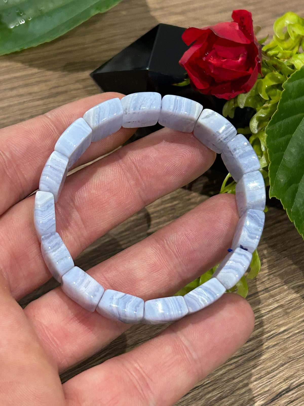 Ágata BLUE LACE , Pulseira com comprimento de 16,5 cm , Pérola em formato oval de 16/12 mm , Pedra natural dos EUA