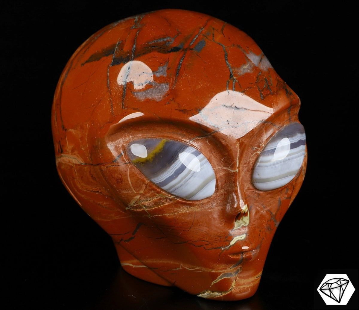 Crâne alien Roswell en jaspe rouge, yeux en agate rubanée · Pièce unique XL
