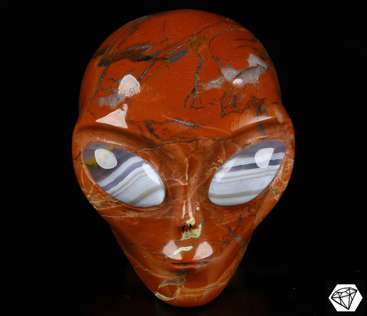 Crâne alien Roswell en jaspe rouge, yeux en agate rubanée · Pièce unique XL
