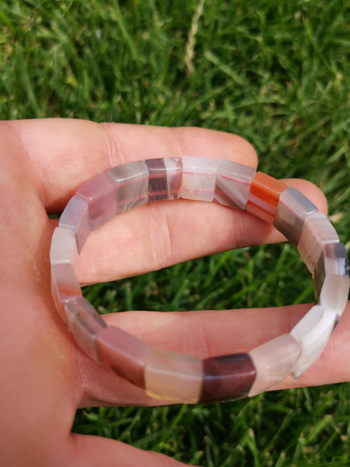 Mozambique Agate, Rectangular Faceted Bead Bracelet, Stretch / Jewelry