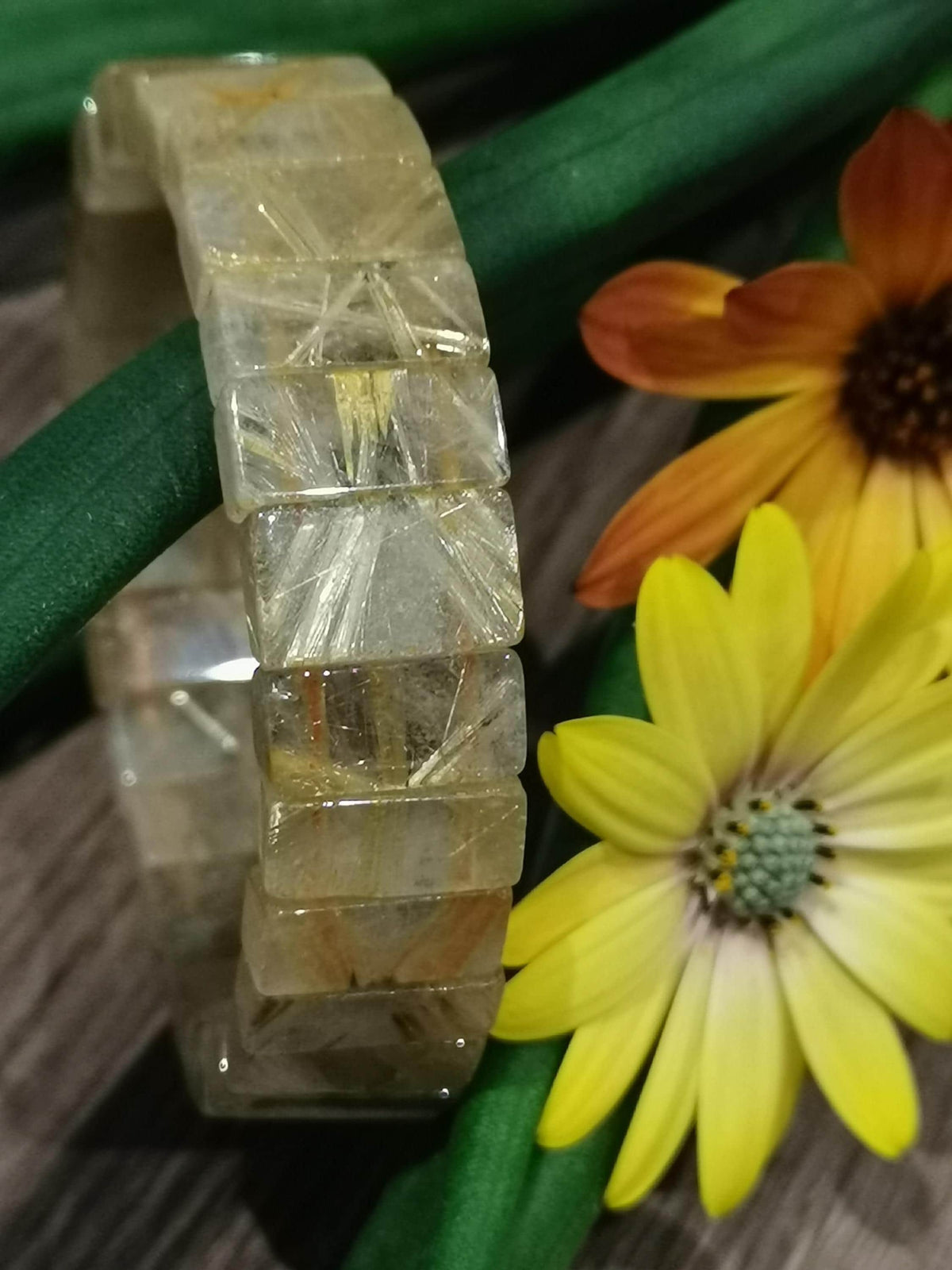 Quarzo Rutilato Oro / capelli d'angelo ->  Bracciale con perla rettangolare / Pietra naturale AAA