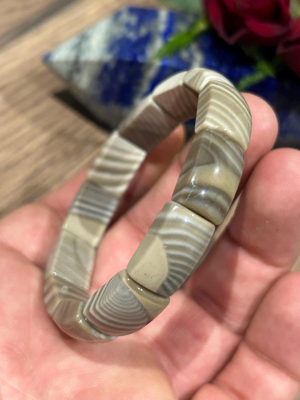 Agata Bandata Marrone, Bracciale con perla rettangolare , Lunghezza di 17 Cm