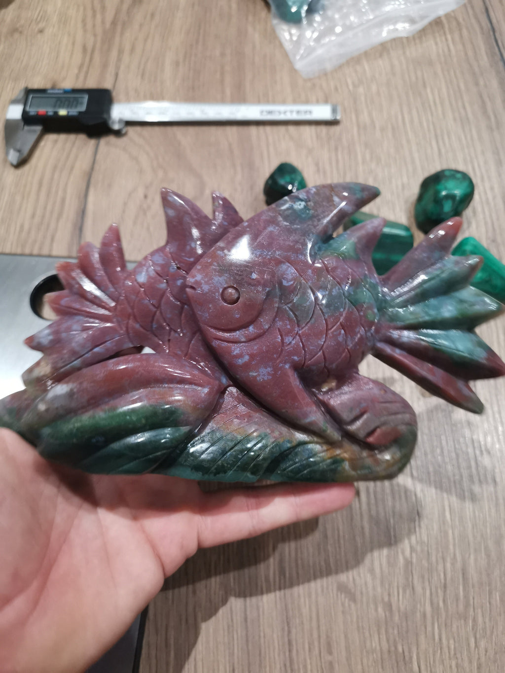 Oceaanjaspis, sculptuur van een vis in natuursteen
