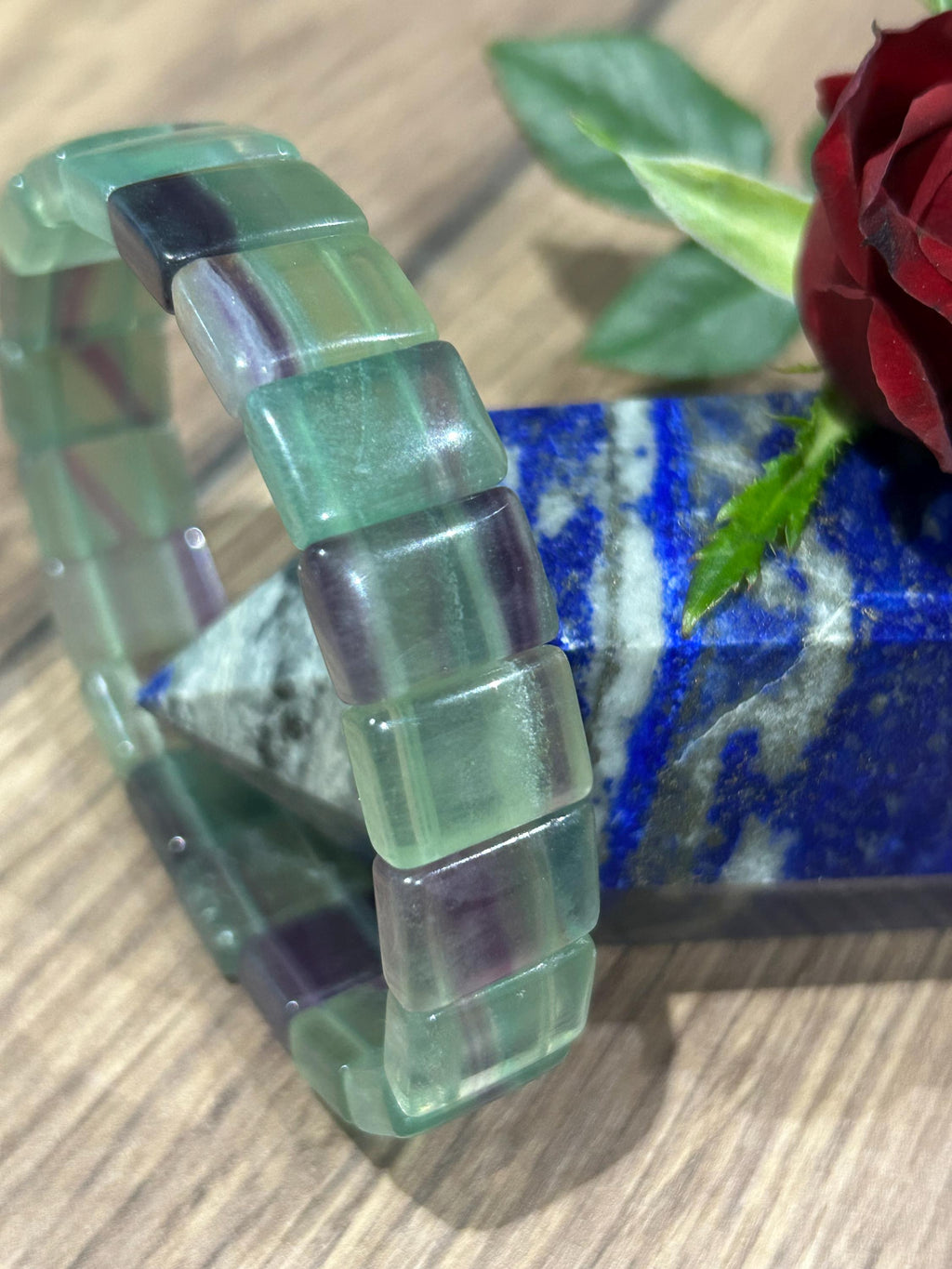 Pulsera de Fluorita Verde / violeta de China bien translúcida , Perla Rectangular / Longitud a medida
