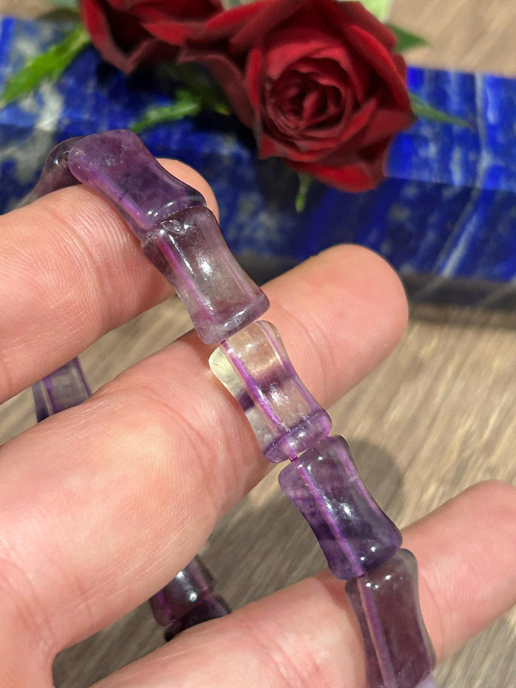 Violet fluoriet, armband met beenvormige kralen, lengte 17 / 17,5 cm