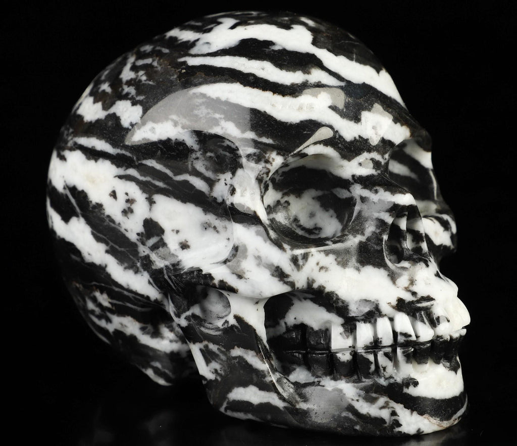 Zebrastreepjasper, prachtige schedelvormige sculptuur, verzameling, meditatie, Feng Shui, ijdelheid, memento mori