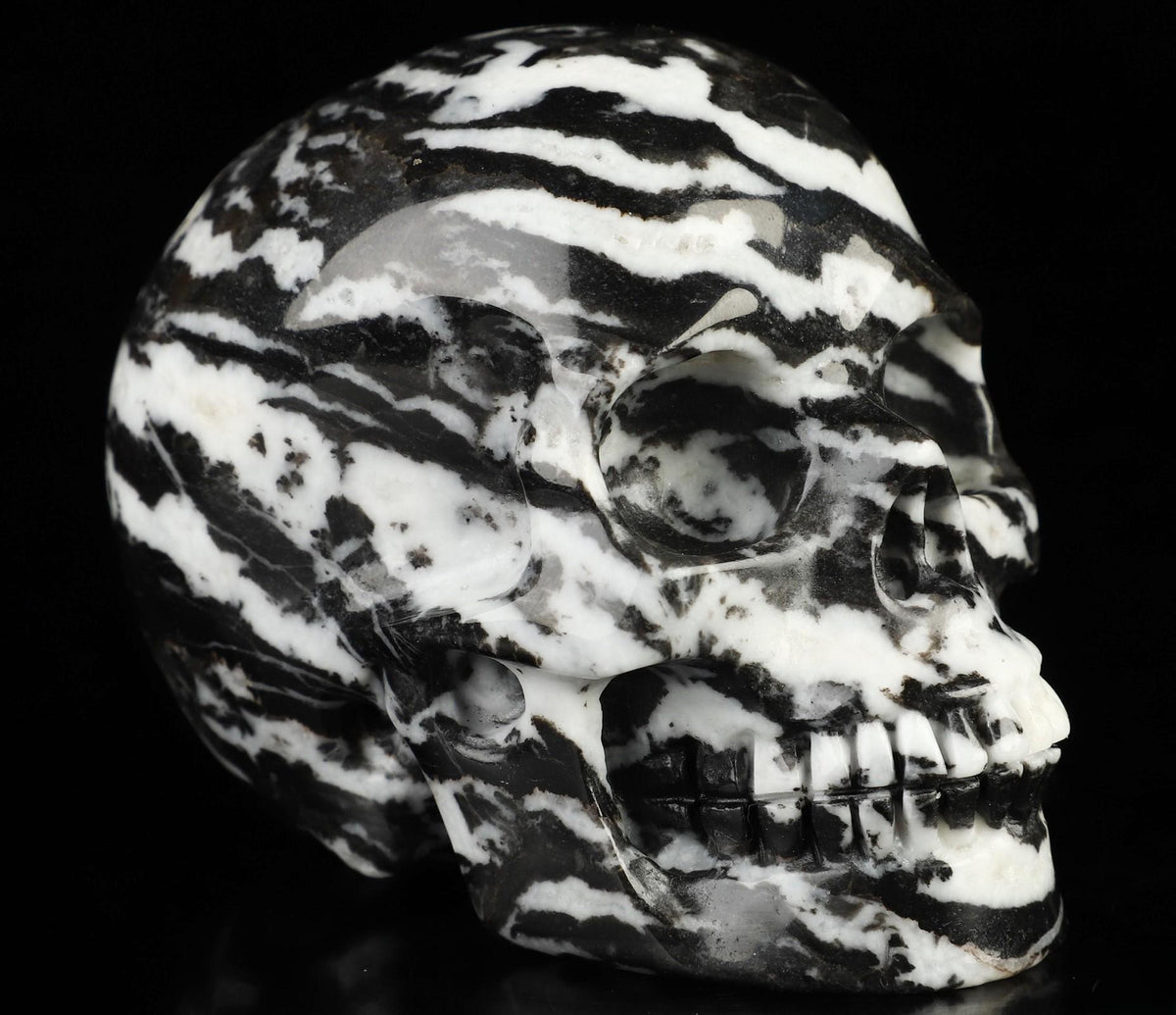 Zebrastreepjasper, prachtige schedelvormige sculptuur, verzameling, meditatie, Feng Shui, ijdelheid, memento mori